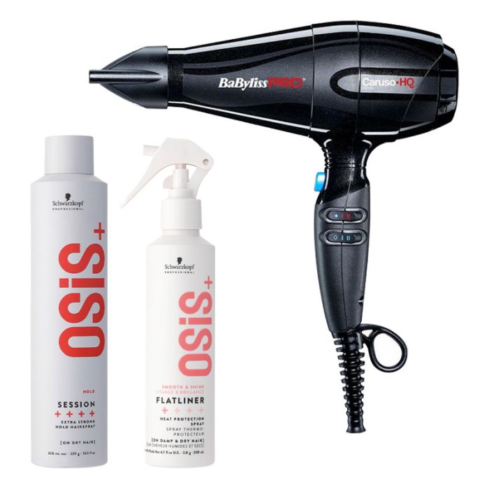 Babyliss PRO Caruso HQ Föhn + Schwarzkopf OSiS+ Flatliner 200ml + Session Hairspray 500ml main product photo