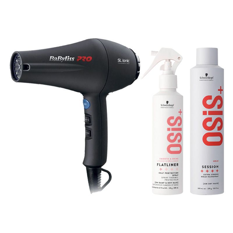 Kaviaarvoorjehaar Babyliss PRO Fohn SL Ionic 1800W Schwarzkopf OSiS Flatliner 200ml OSiS Session Hairspray 500ml